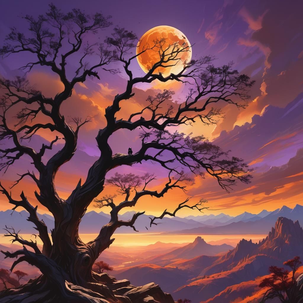 Silhouette on Gnarled Branch in Vibrant Valley