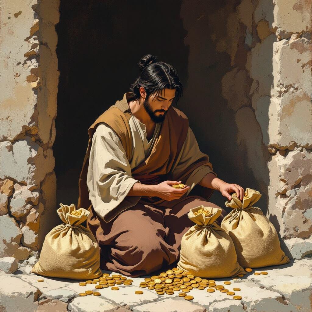 Servant Kneeling with Gold Bags in Byzantine Mosaic Style