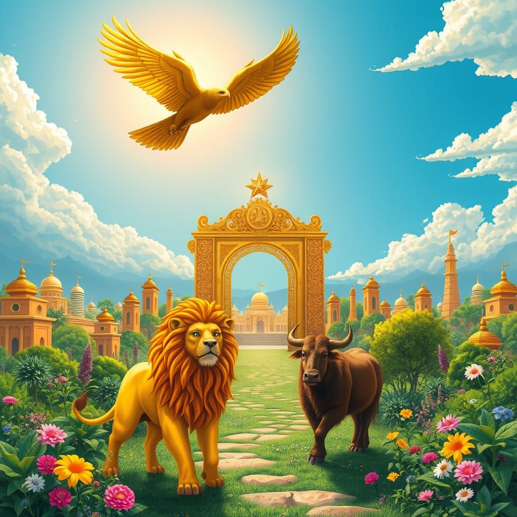 Golden City Under Radiant Blue Sky with Lush Garden and Fant...