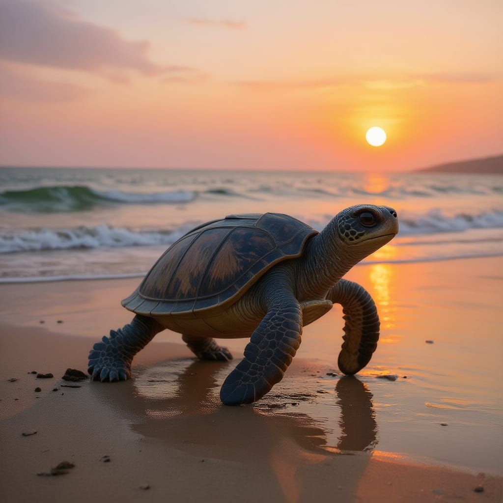 Turquoise Turtle Walks Beach at Pink Sunset
