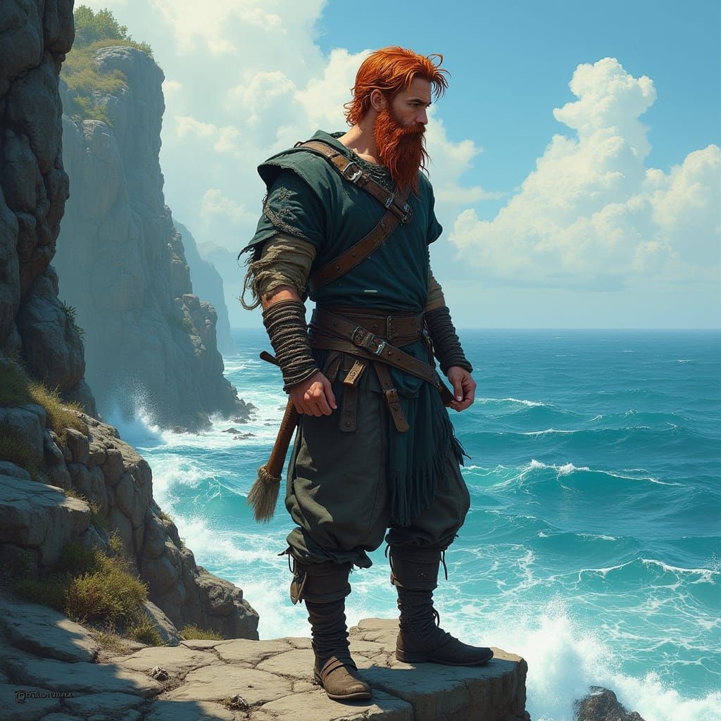 Auburn Haired Man on Cliff in Rugged Fantasy Art