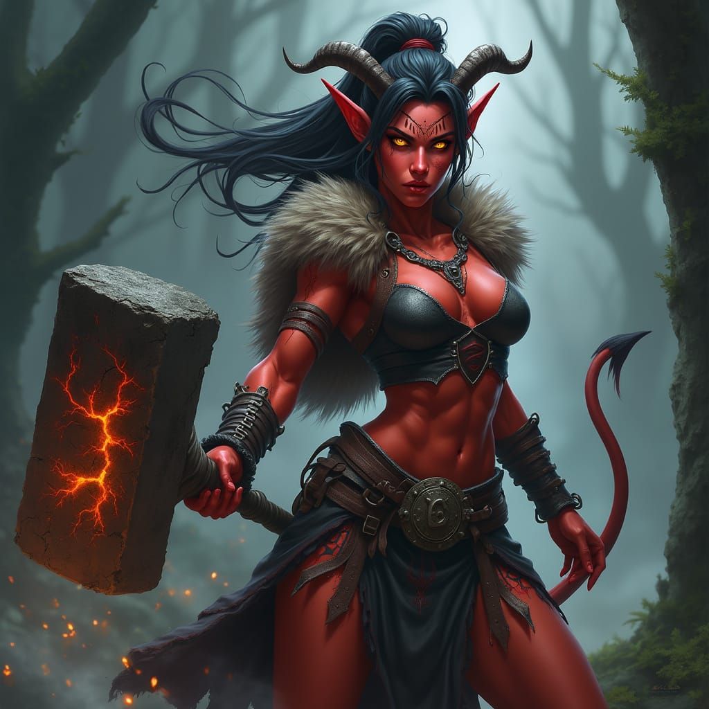 Fierce Tiefling Barbarian Unleashes Power