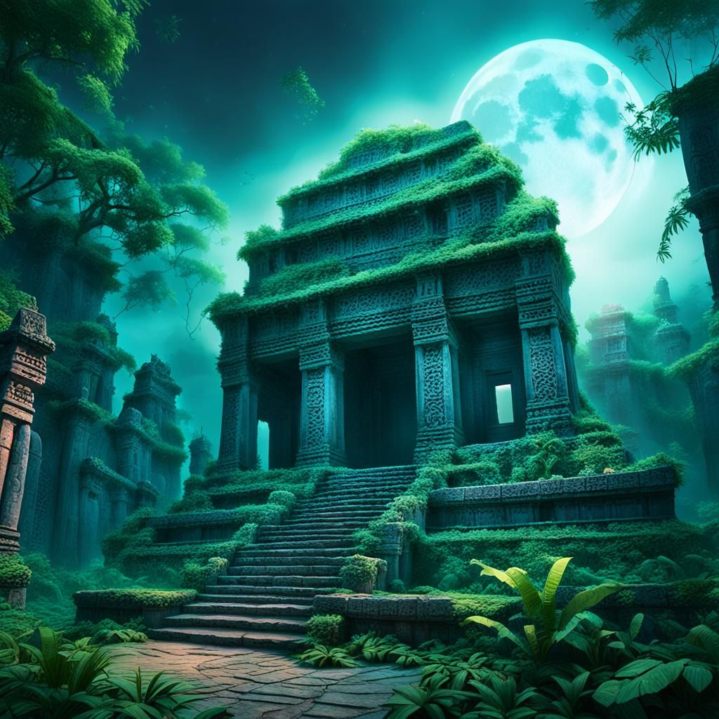 Ethereal Temple Ruin Basks in Moonlit Glory