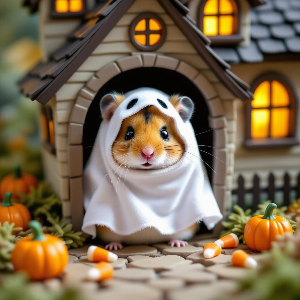 Cute Ghost Hamster Peeking From Haunted House