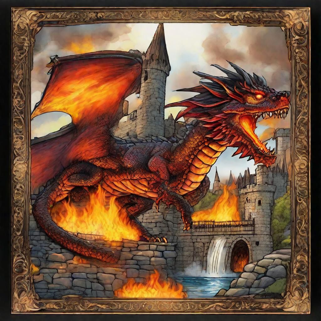 Fantastical Dragon Trailing Flames from Ebony Frame