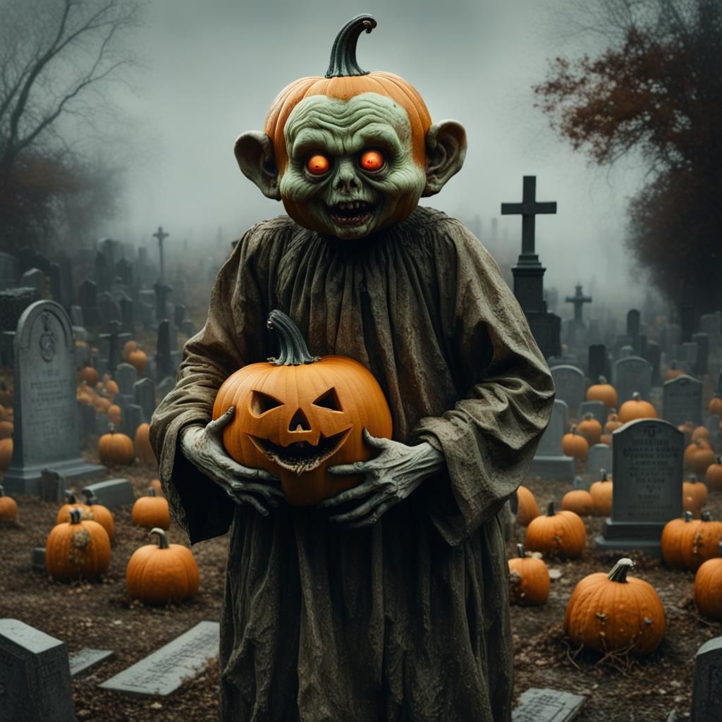 Teletubby Zombie Pumpkin Monster in Haunted Graveyard