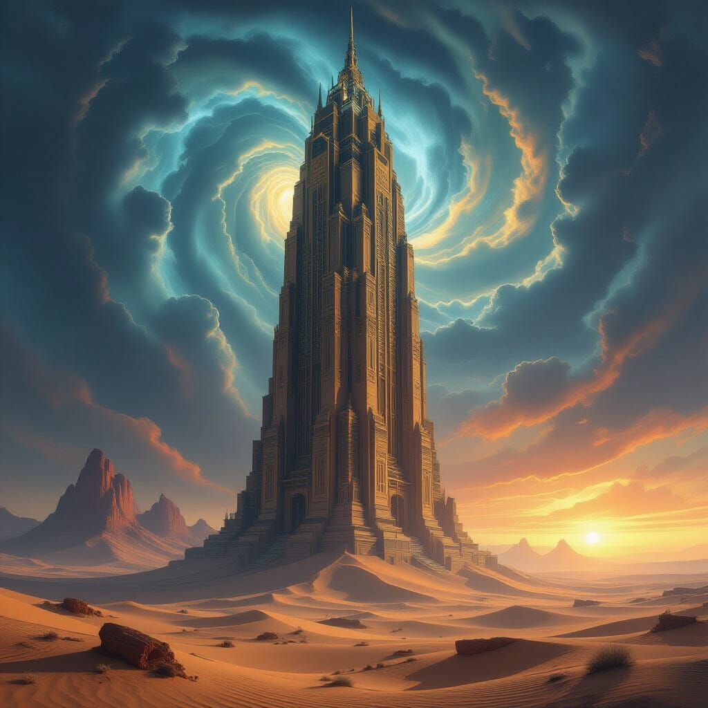 Ancient Fractal Skyscraper in Ethereal Desert
