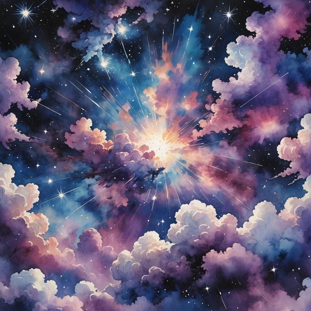 Exploding Stars in Night Sky, Watercolor Style