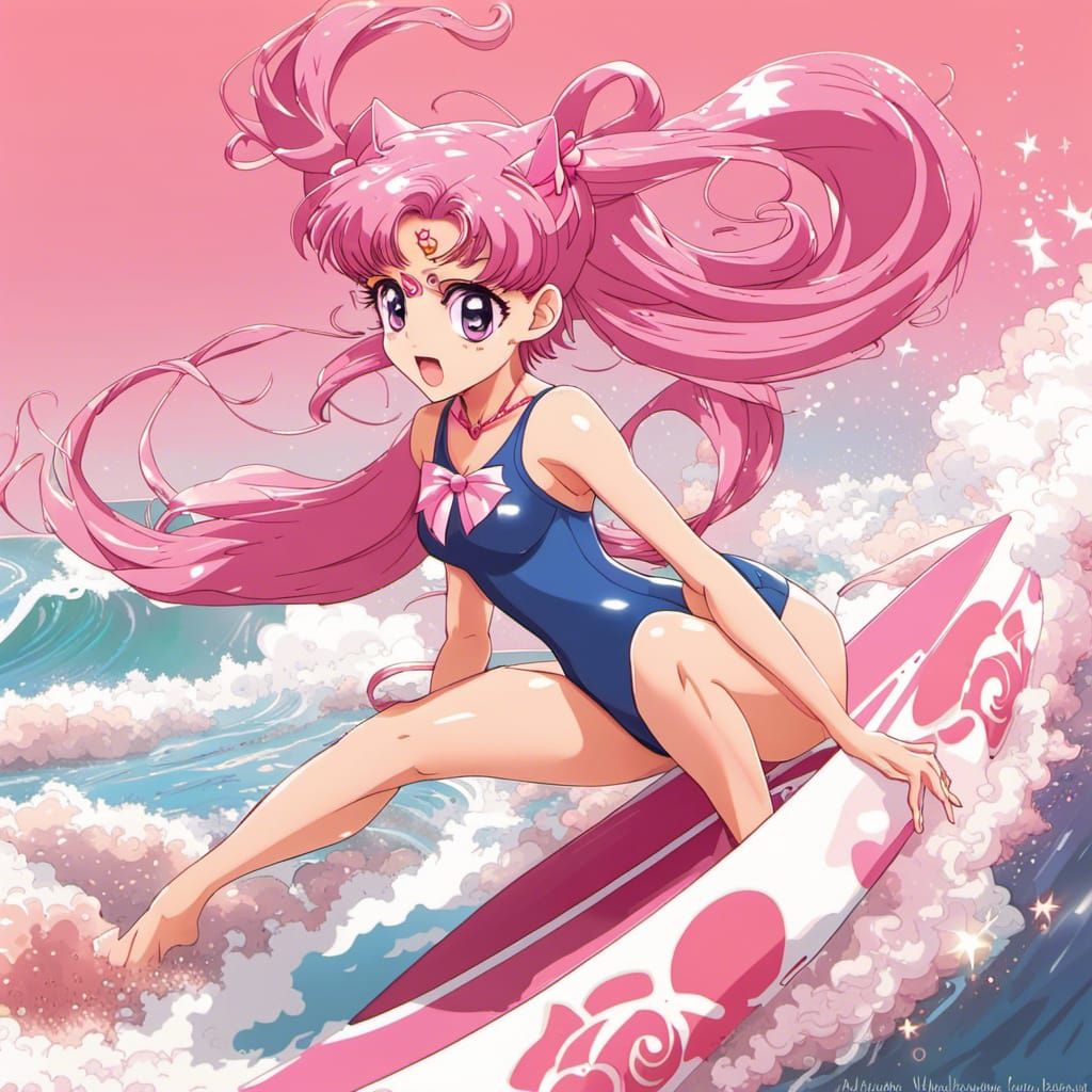 Sailor Chibi Moon Surfing Anime Style