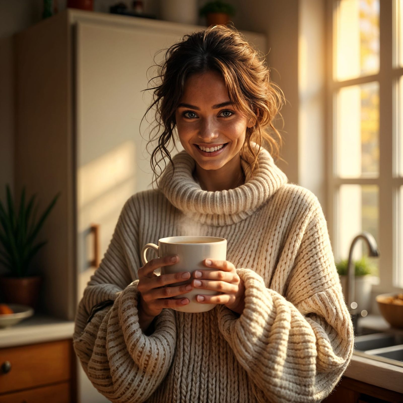 Woman Enjoying Coffee: Hyper-Realistic 3D Digital Art