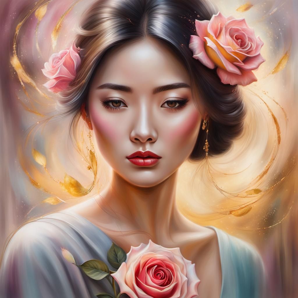 a beautiful Asian woman with an alluring gaze, gently holdin...