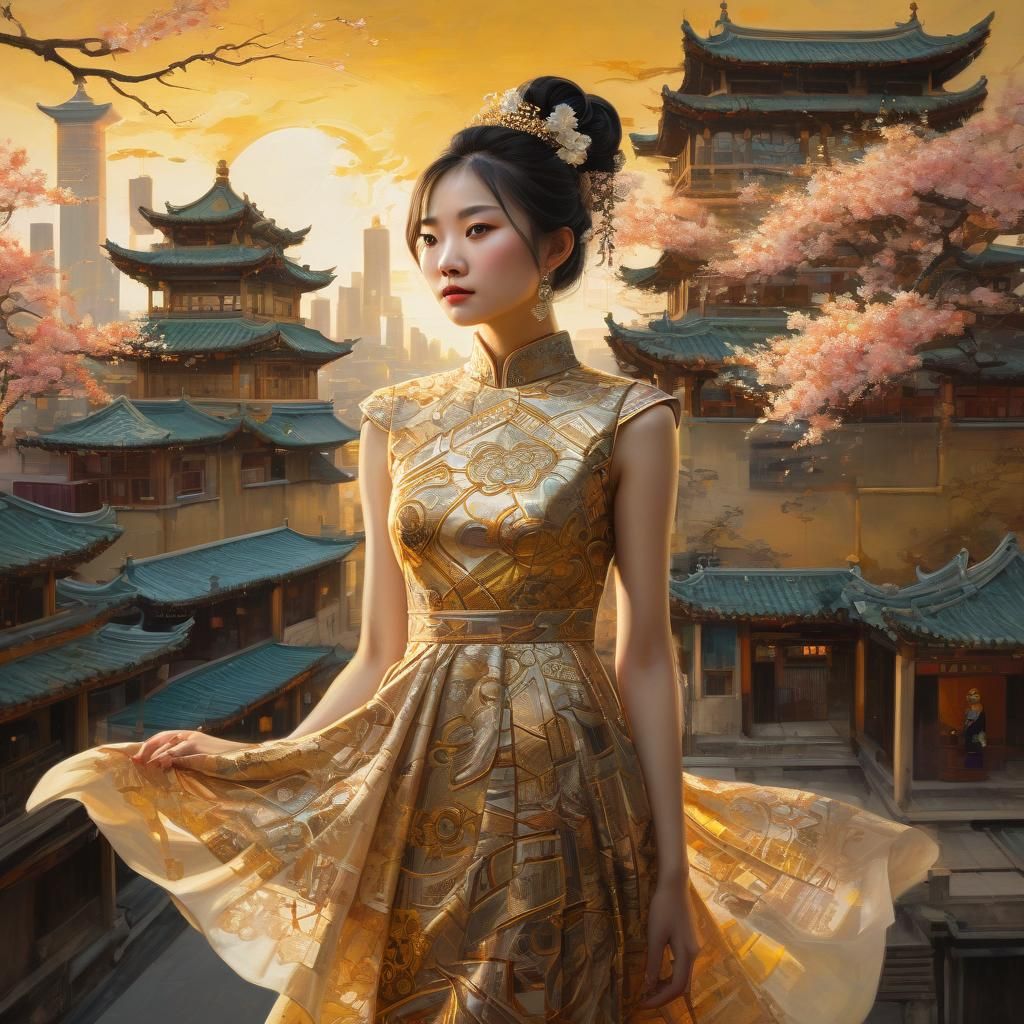 Woman in Golden Dress Before Cityscape, as Oil Painting