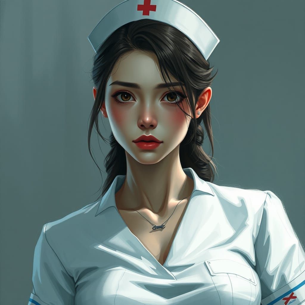 Melancholic Nurse Portrait in Expressive Digital Art