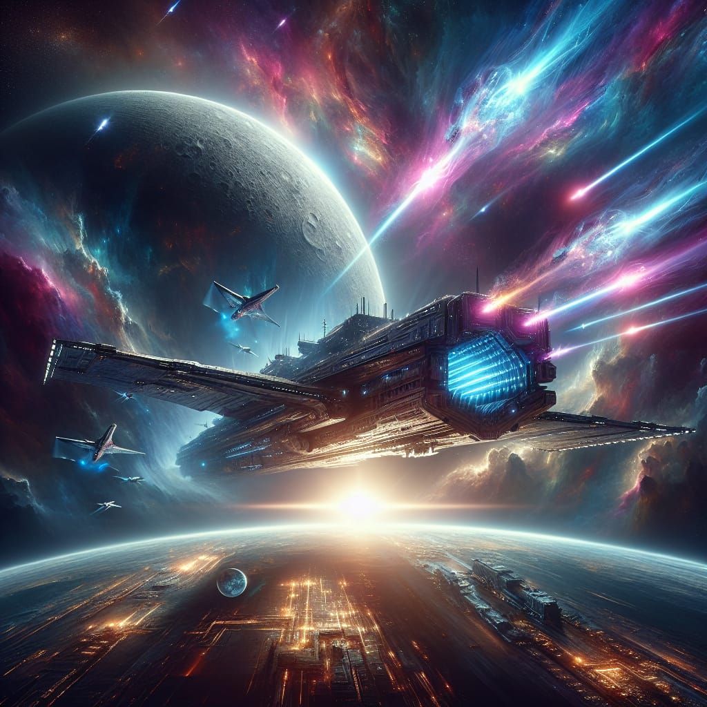 Futuristic Ship Engaged in Cosmic Battle: Matte Painting