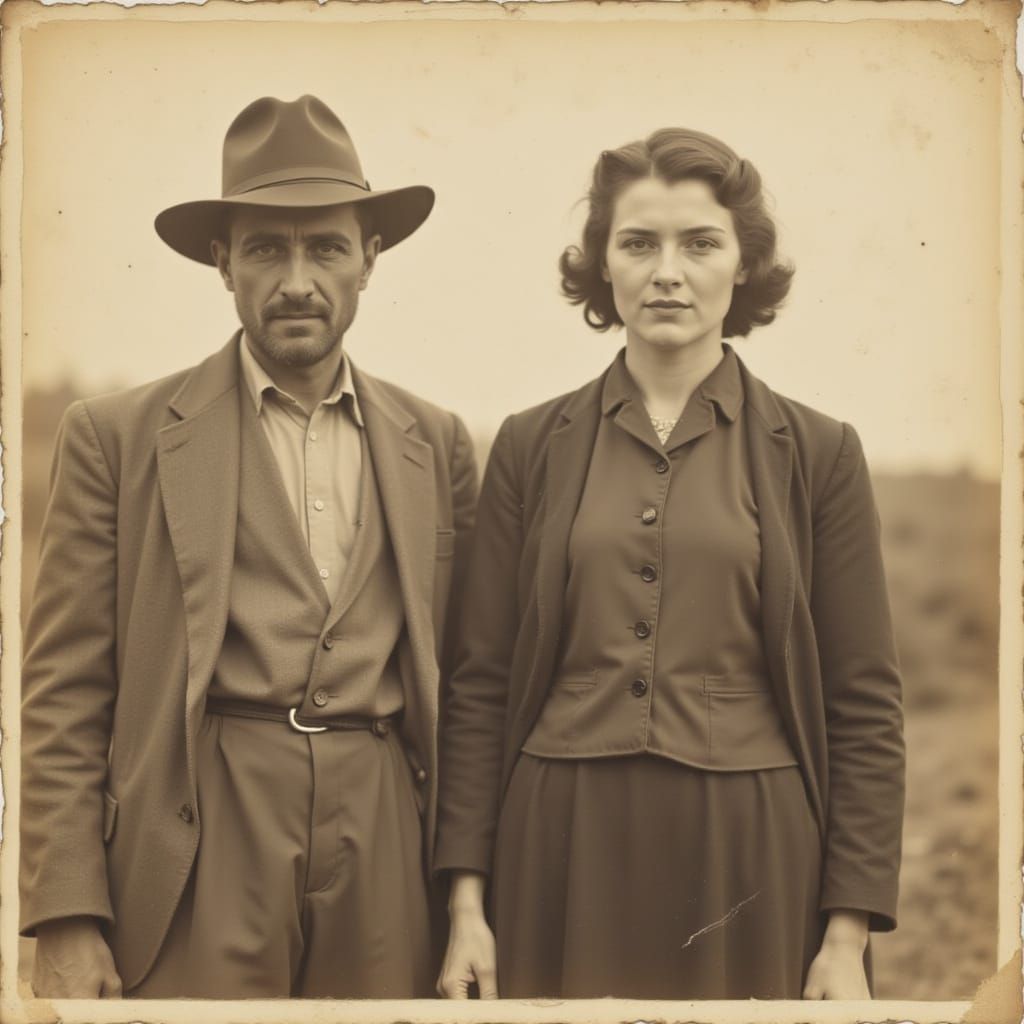 Dustbowl Farmer and Wife: Sepia Antique Photo