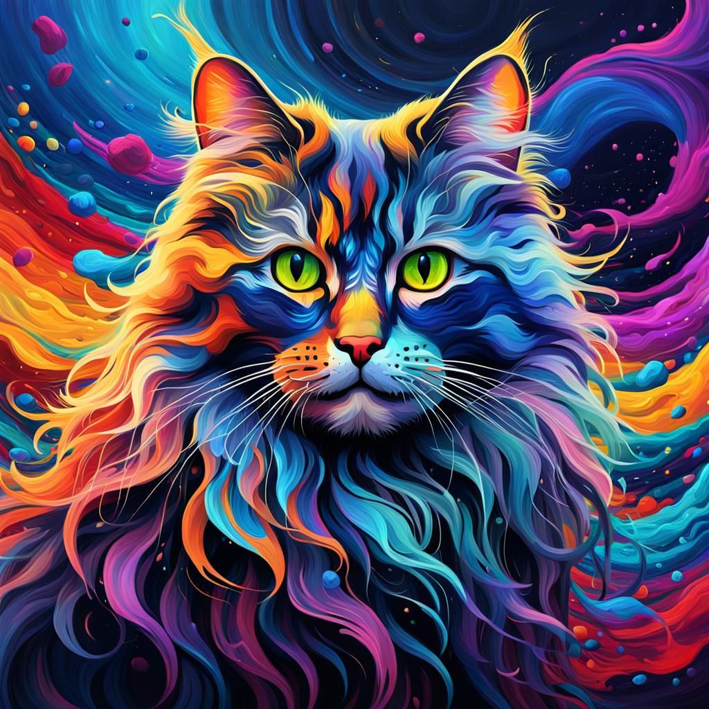 Colorful Abstract Cat Art: Detailed Fantasy Painting