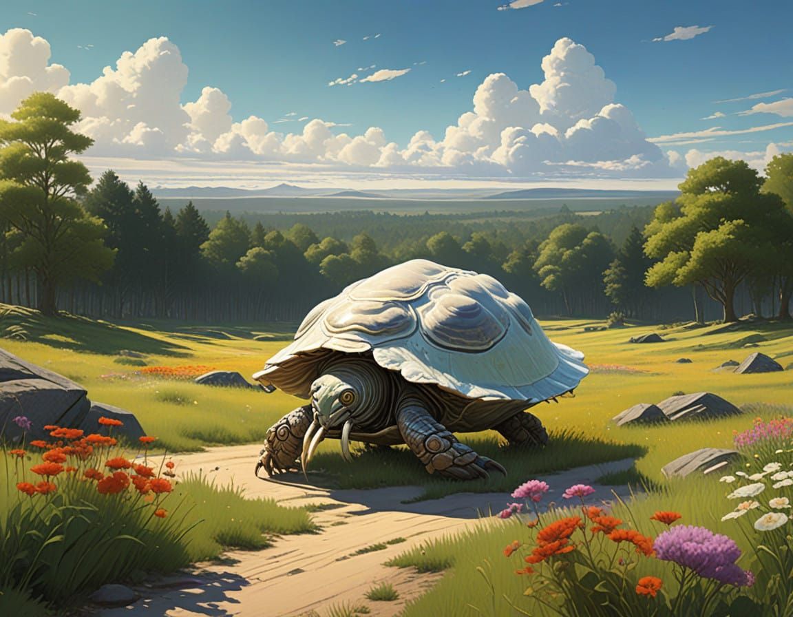 Iridescent Oyster Maiden Strolls Through Vibrant Wildflowers