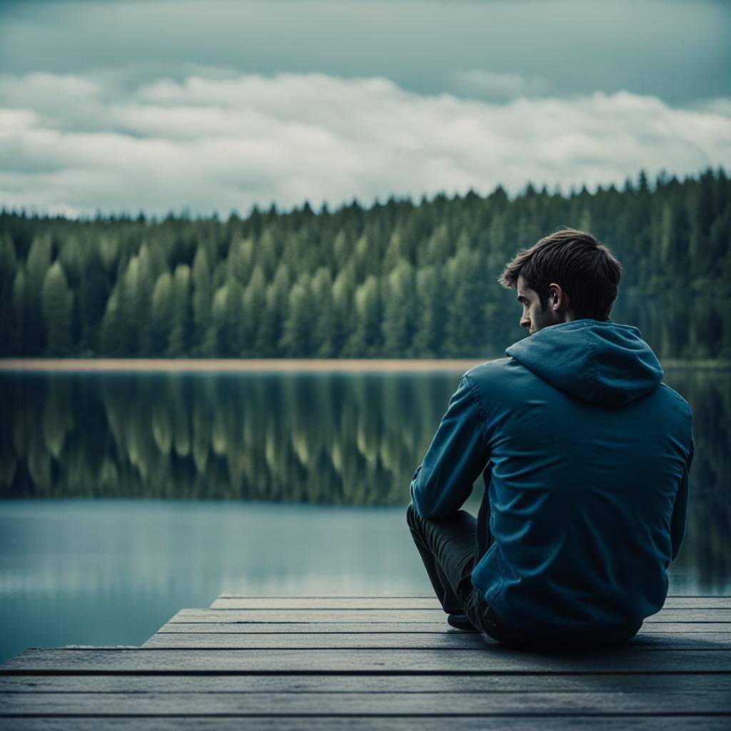 Man Watches Lake in Moody, Cinematic Film Still