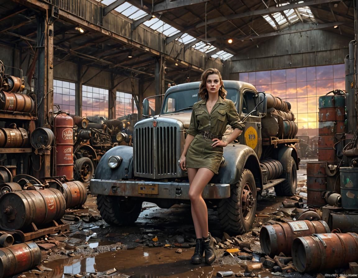 Dieselpunk Workshop: Girl, Truck, and Stormy Sunset