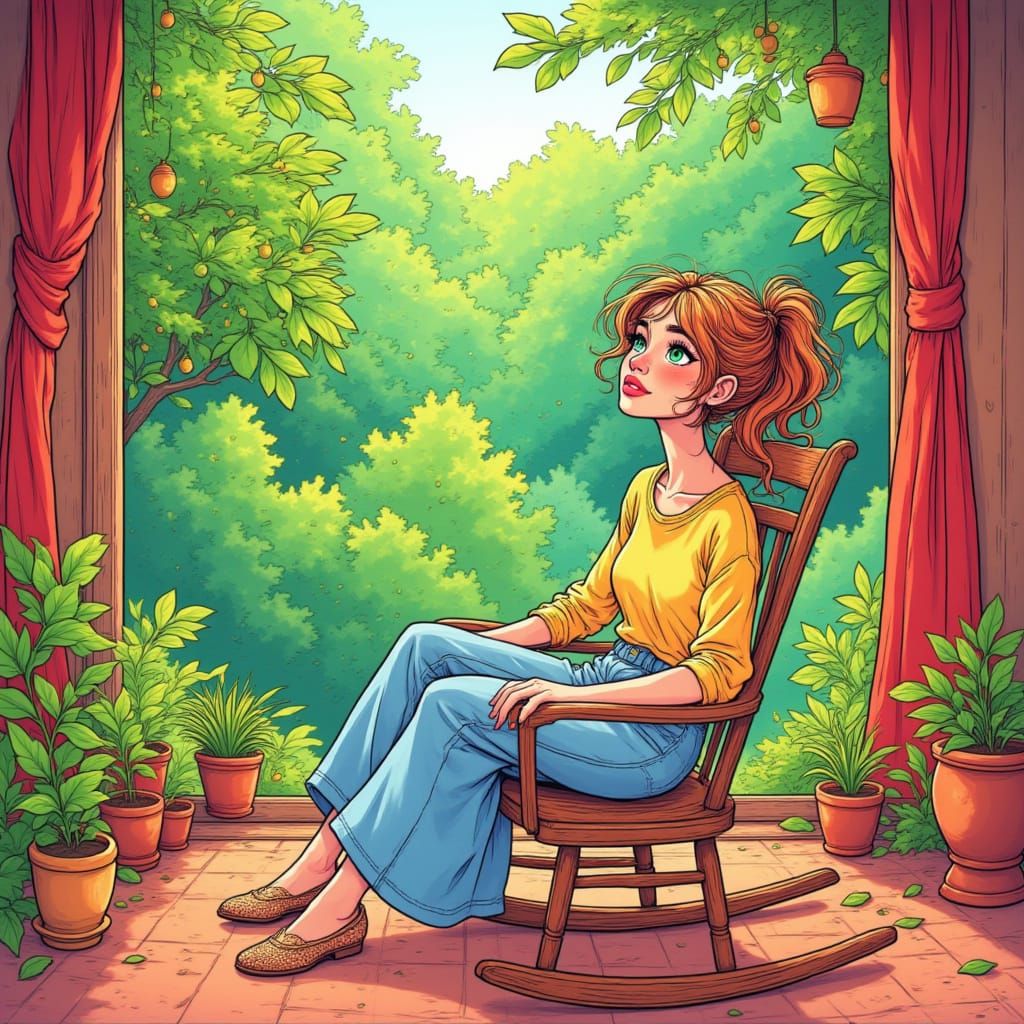 Woman Gazing at Forest in Loose Watercolor Cartoon Style