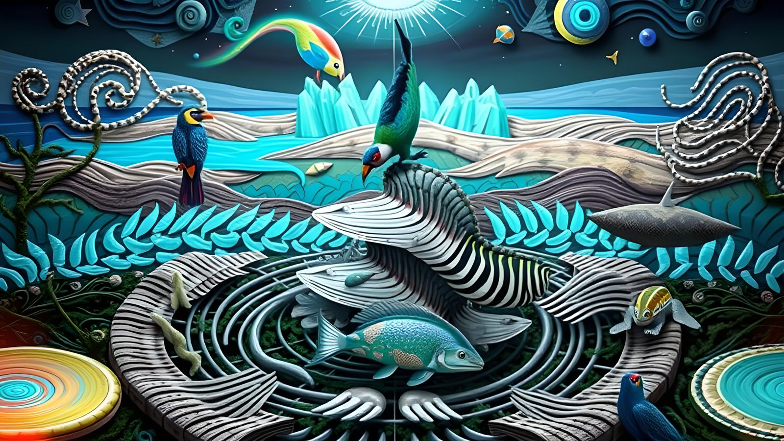 Vivid Huichol Yarn Painting of Biogeography