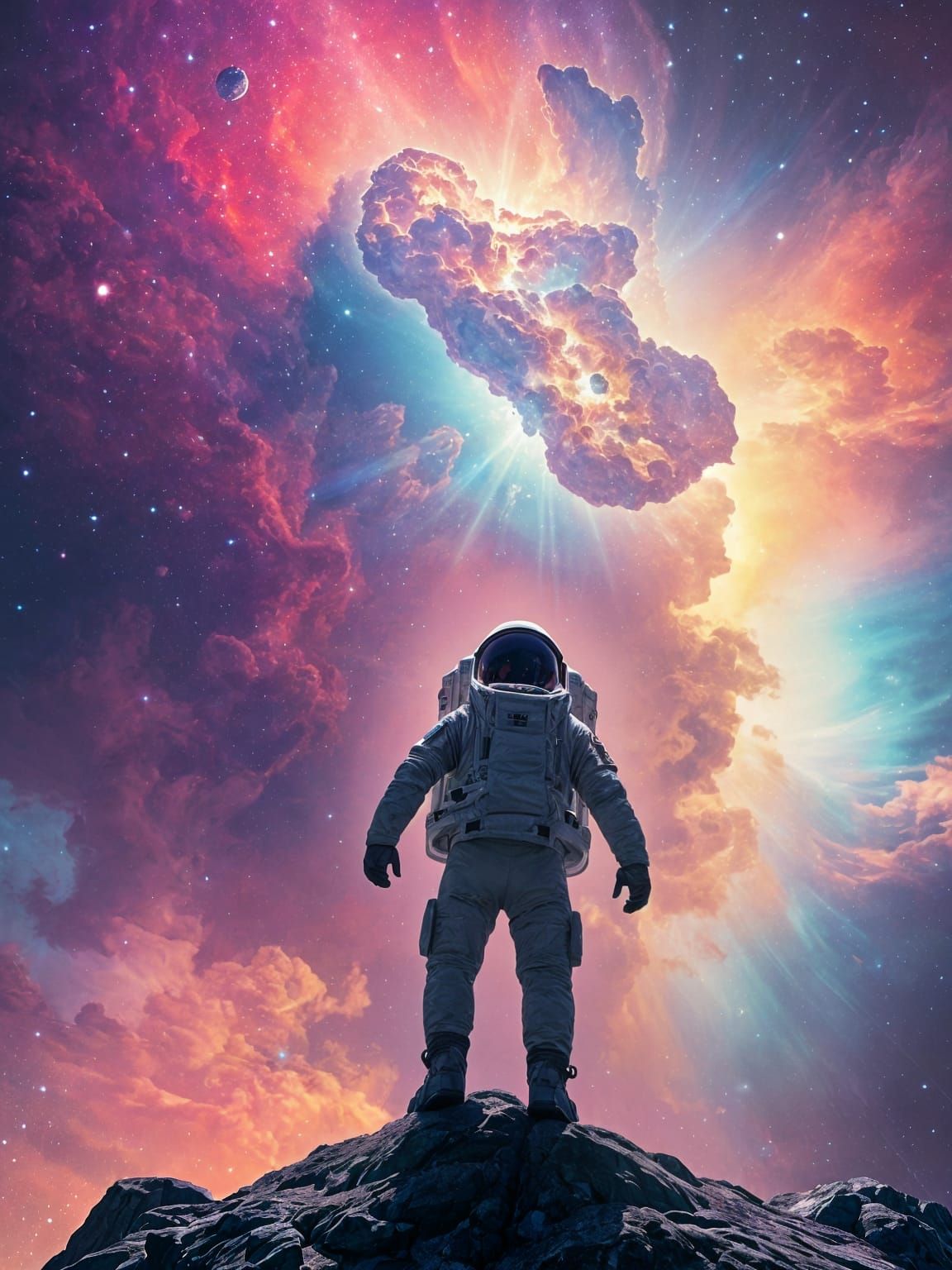 Astronaut Reaches for Galaxy in Swirling Nebula