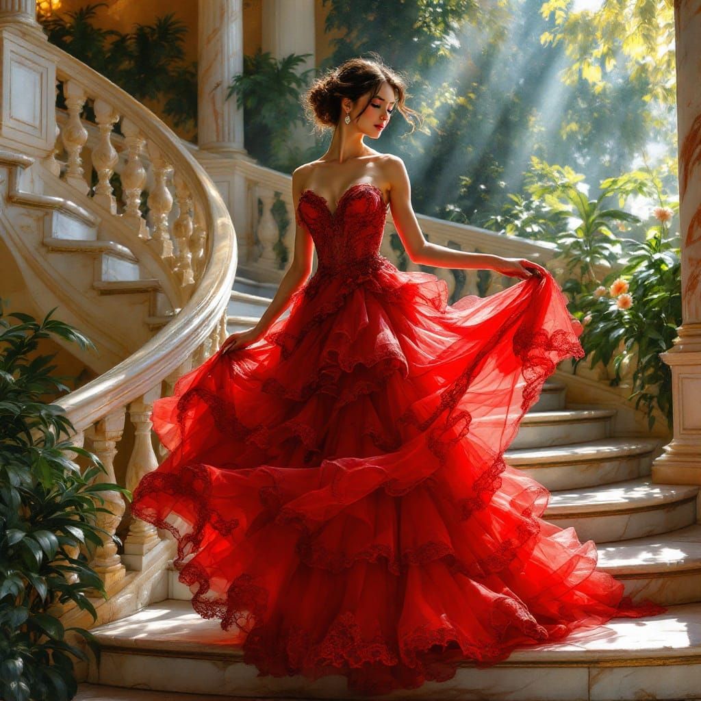 Elegant Woman in Red Tulle Gown on Grand Staircase, in Impre...