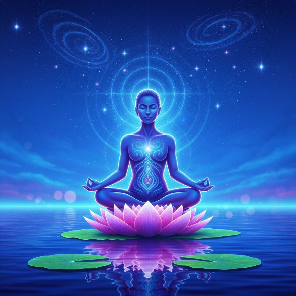Meditating Figure on Lotus in Cosmic Light