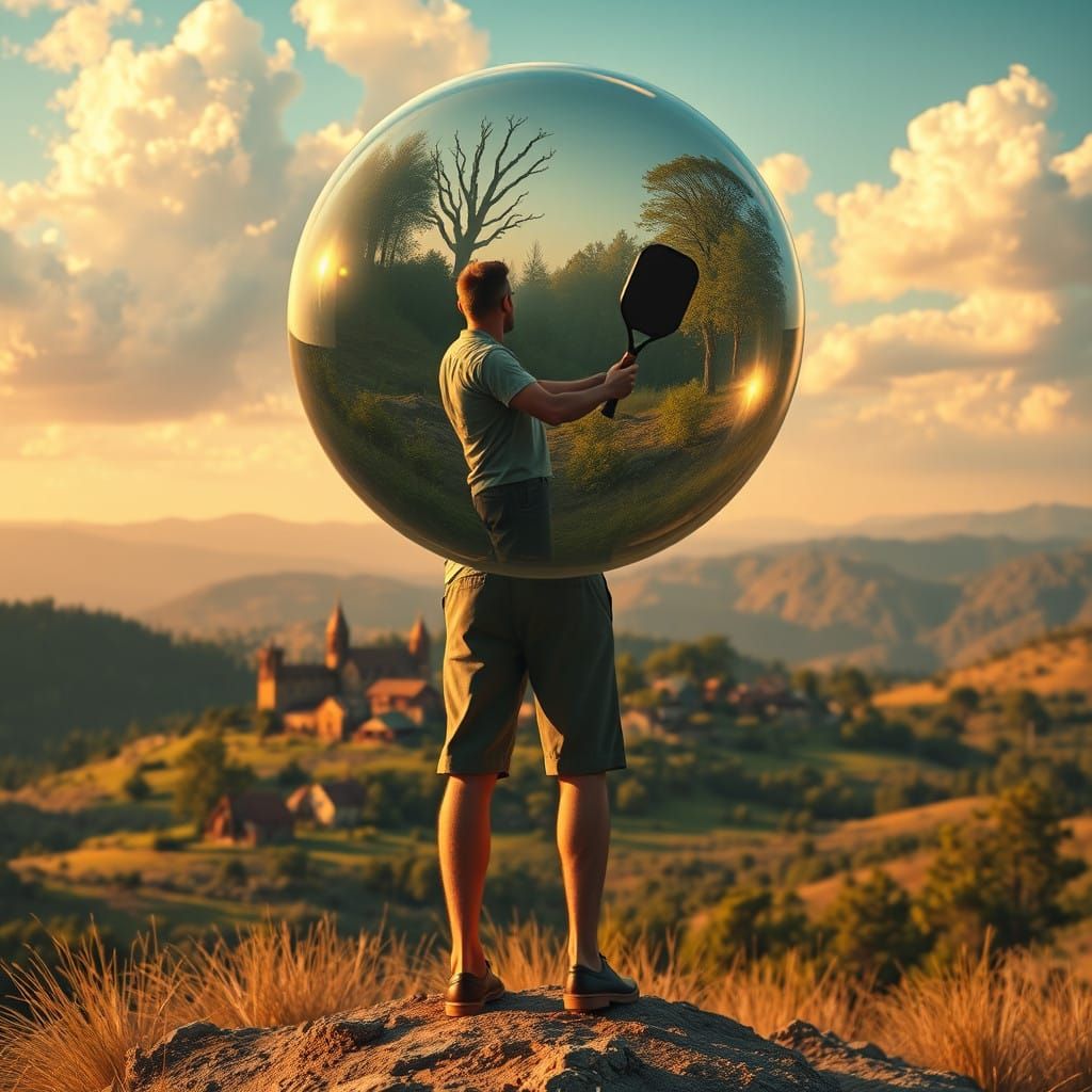 Man Contemplates Life's Chaos in a Hyperrealistic Landscape