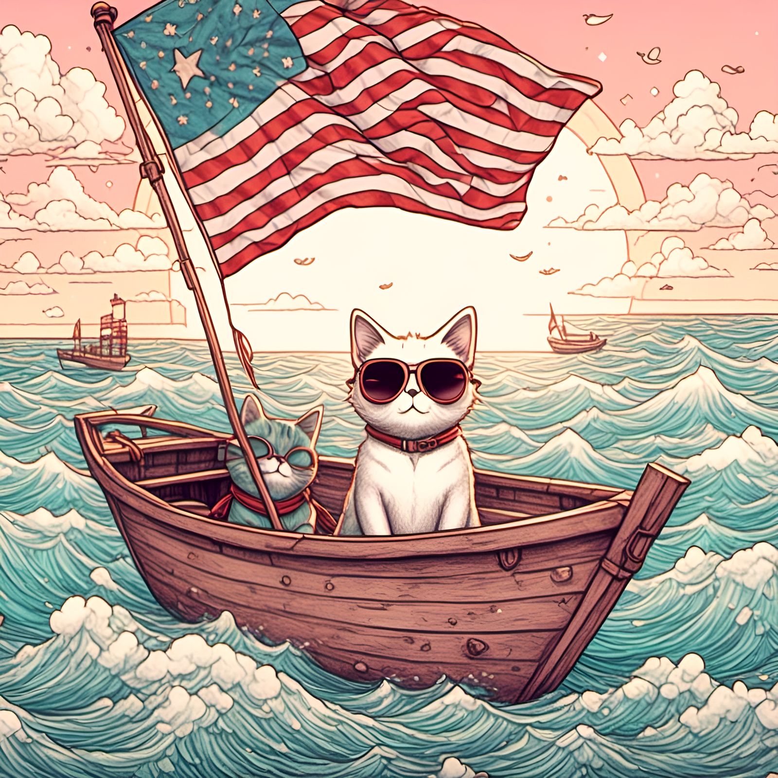 Cat with Flag in Pastel Pen & Ink Style