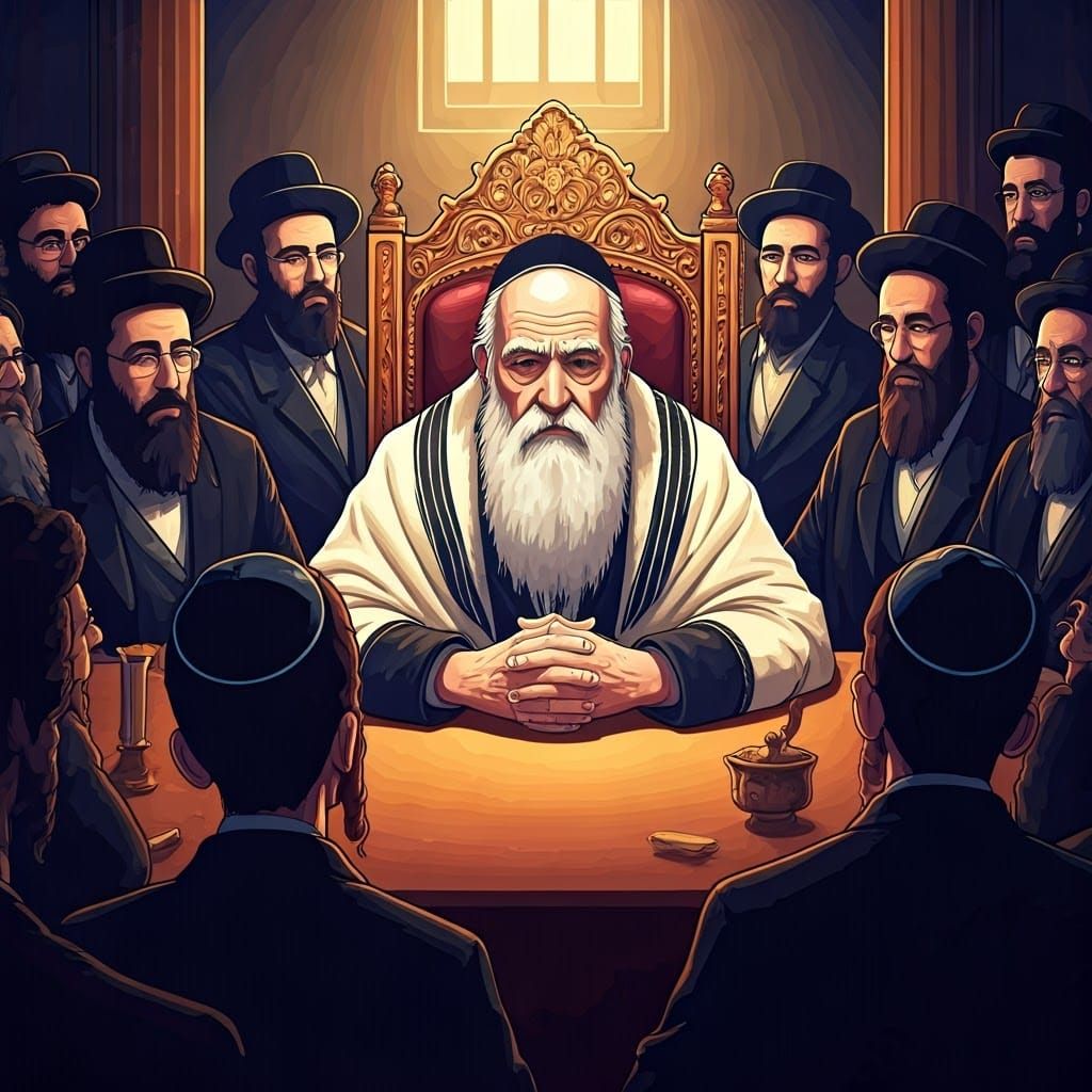 Reverent Gathering Around Aged Hasidic Rebbe
