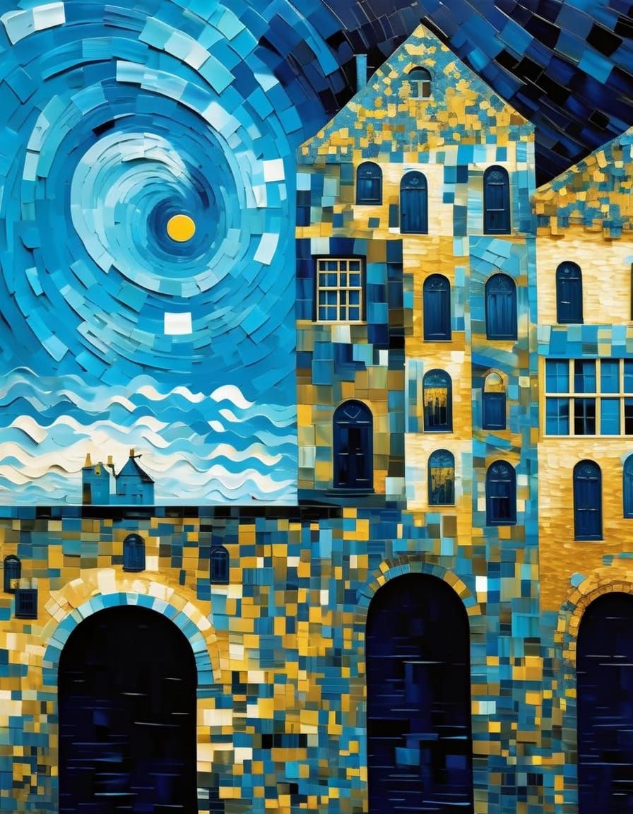 (house:1.5), Vincent Van Gogh and Salvador Dali, deep blue and turquoise dominant, fine-tuned mosaic ample use of white ...