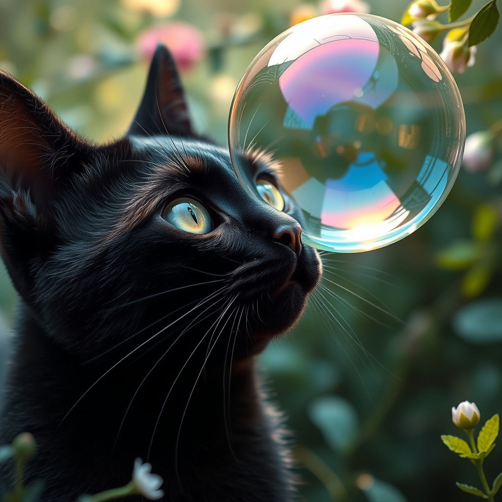 Black Cat Gazing at Iridescent Bubble
