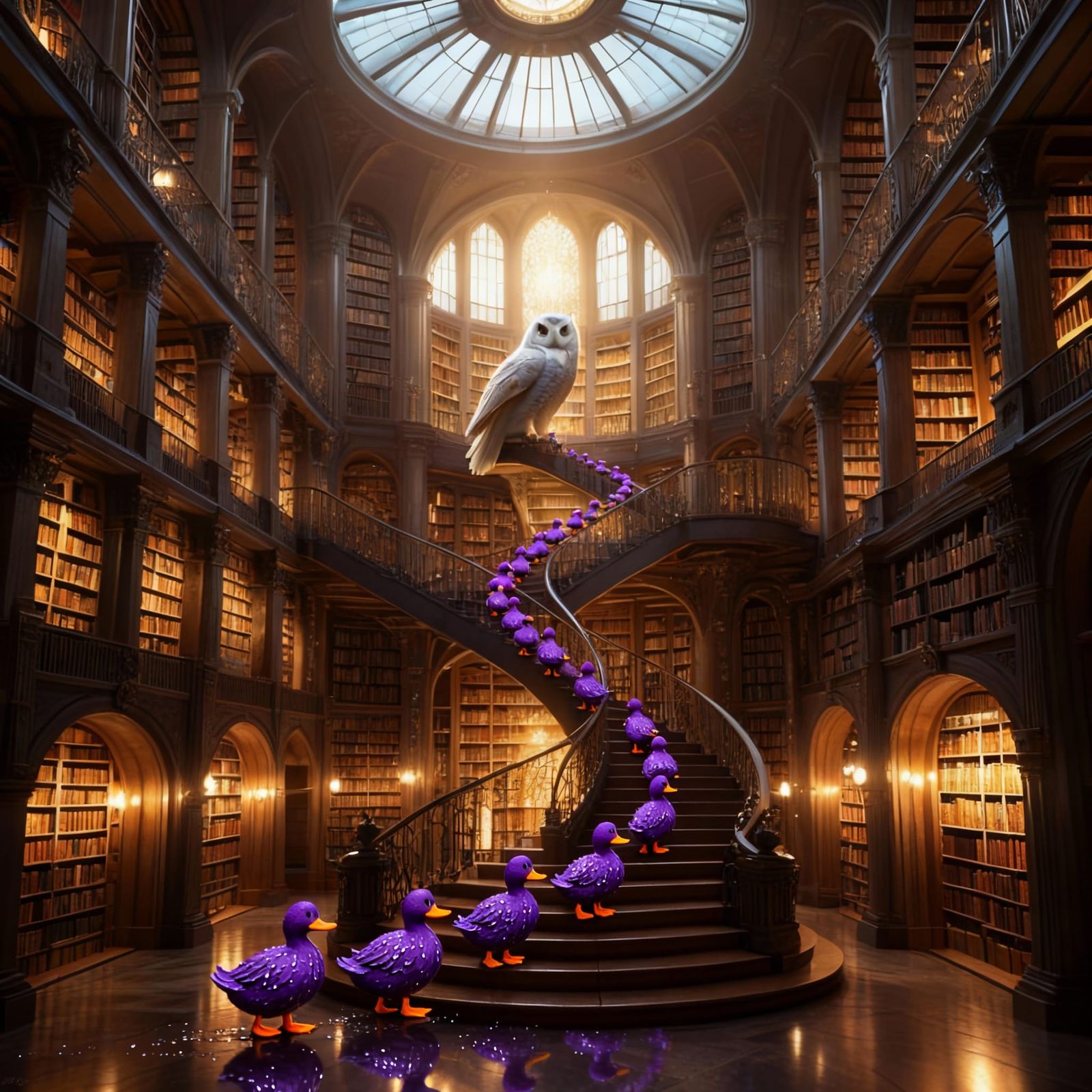Purple Ducks Ascend Library Stairway