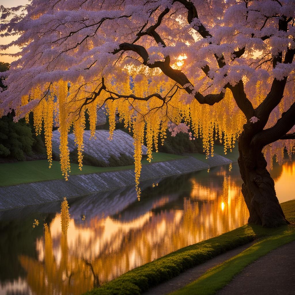 Dawn Garden with Cherry Blossoms and Maple