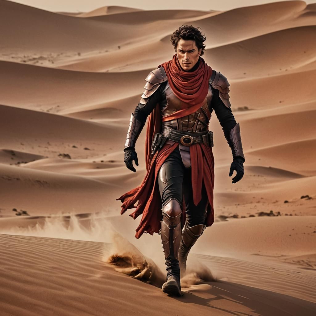 Heroic Paul Atreides on Arrakis at Dawn