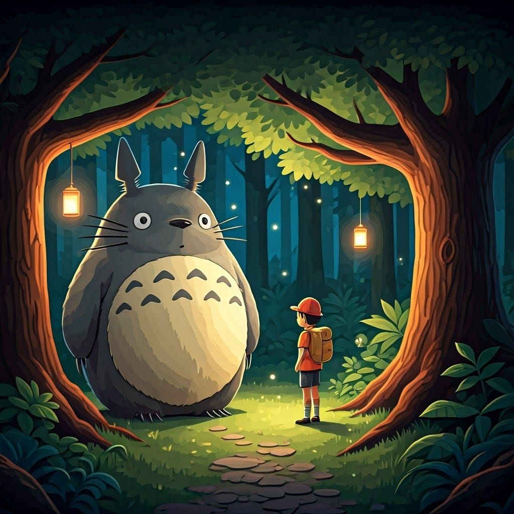 Papercraft Totoro in Whimsical Forest Scene