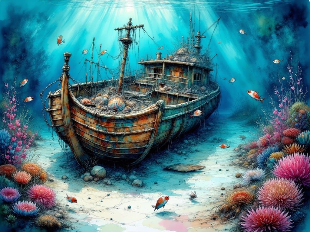 Sunken Spanish Ship in a Vibrant Coral Reef