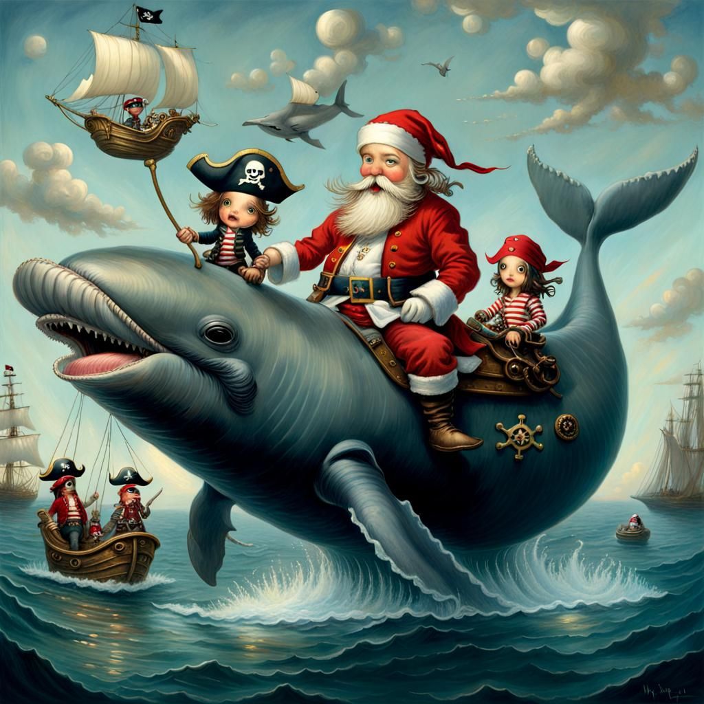 Pirate Santa Whale Ride in Pop Surrealism Style