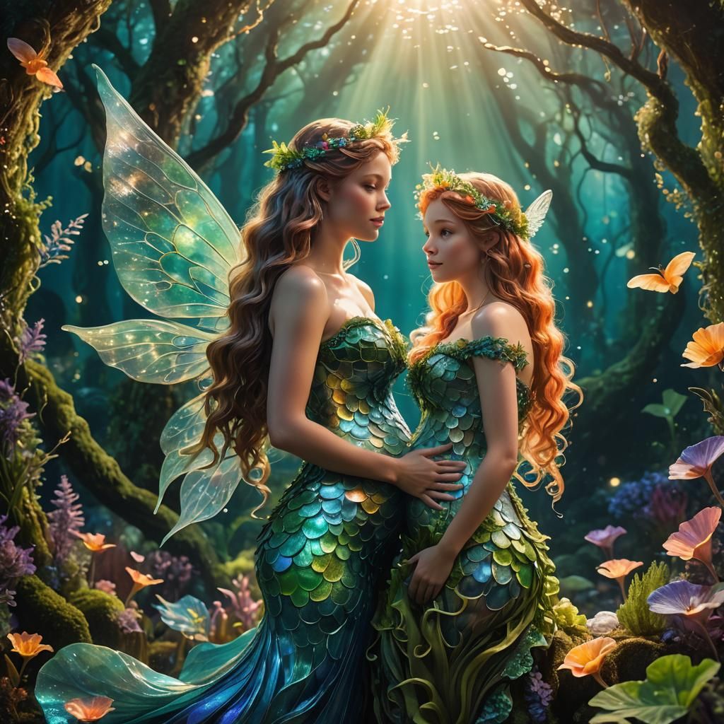 Enchanted Pregnant Fairy and Mermaid in Magical Forest