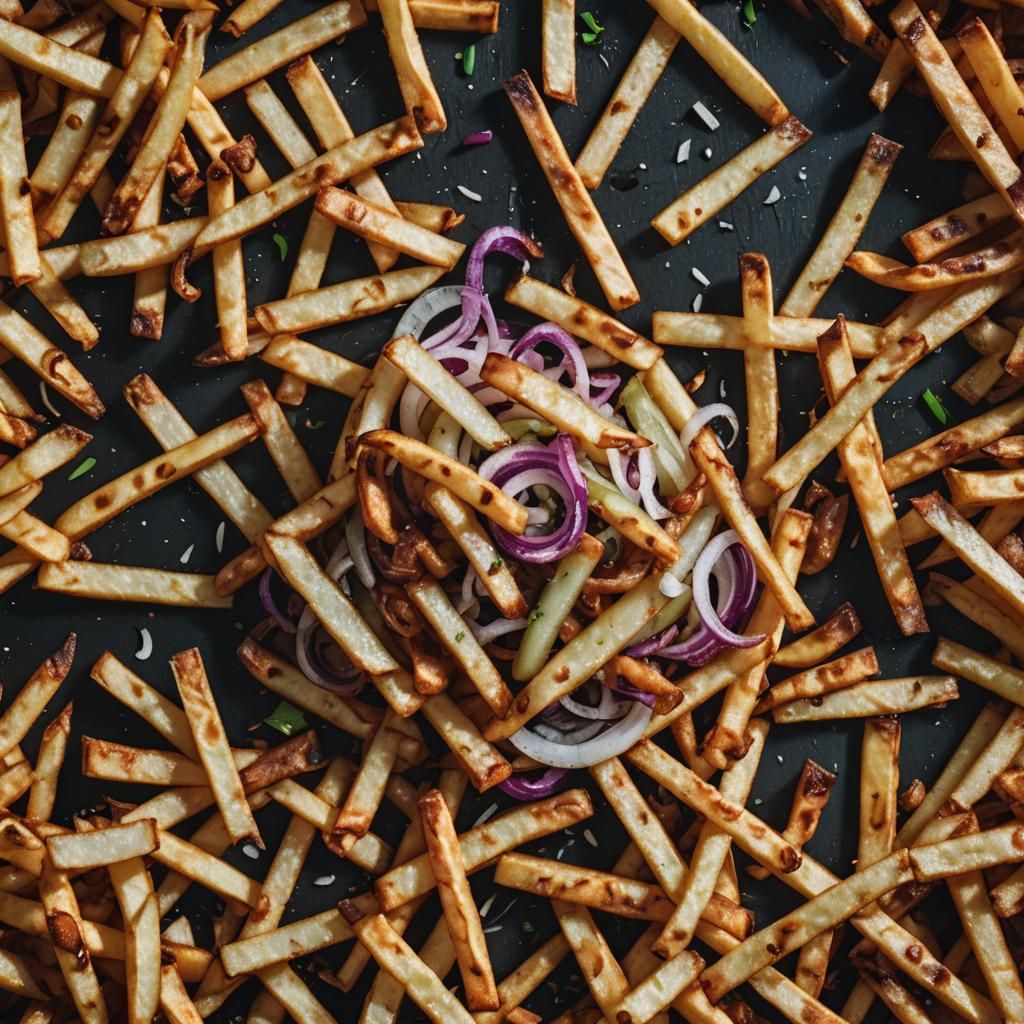 Hyperrealistic Fries with Onions in Cinematic Style