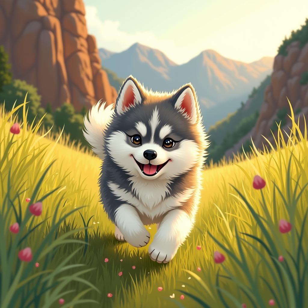 Pomsky Puppy's Joyful Run: Folk Art Illustration