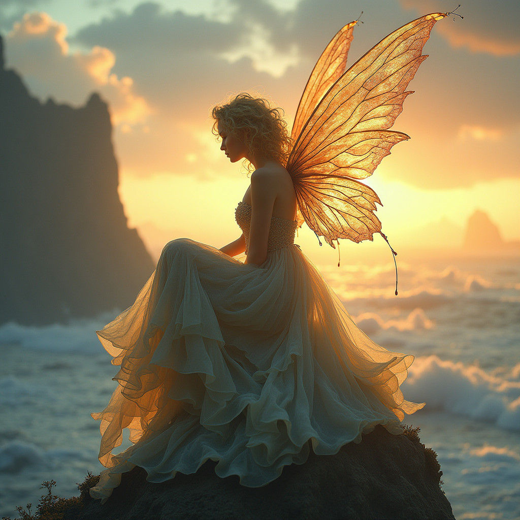 Ethereal Fairy with Wings in Mystical Landscape