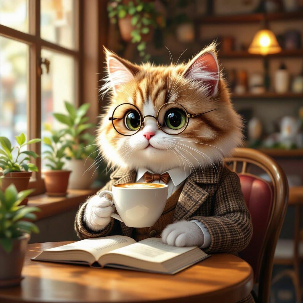 Anthropomorphic Cat Sipping Latte in Cozy Cafe