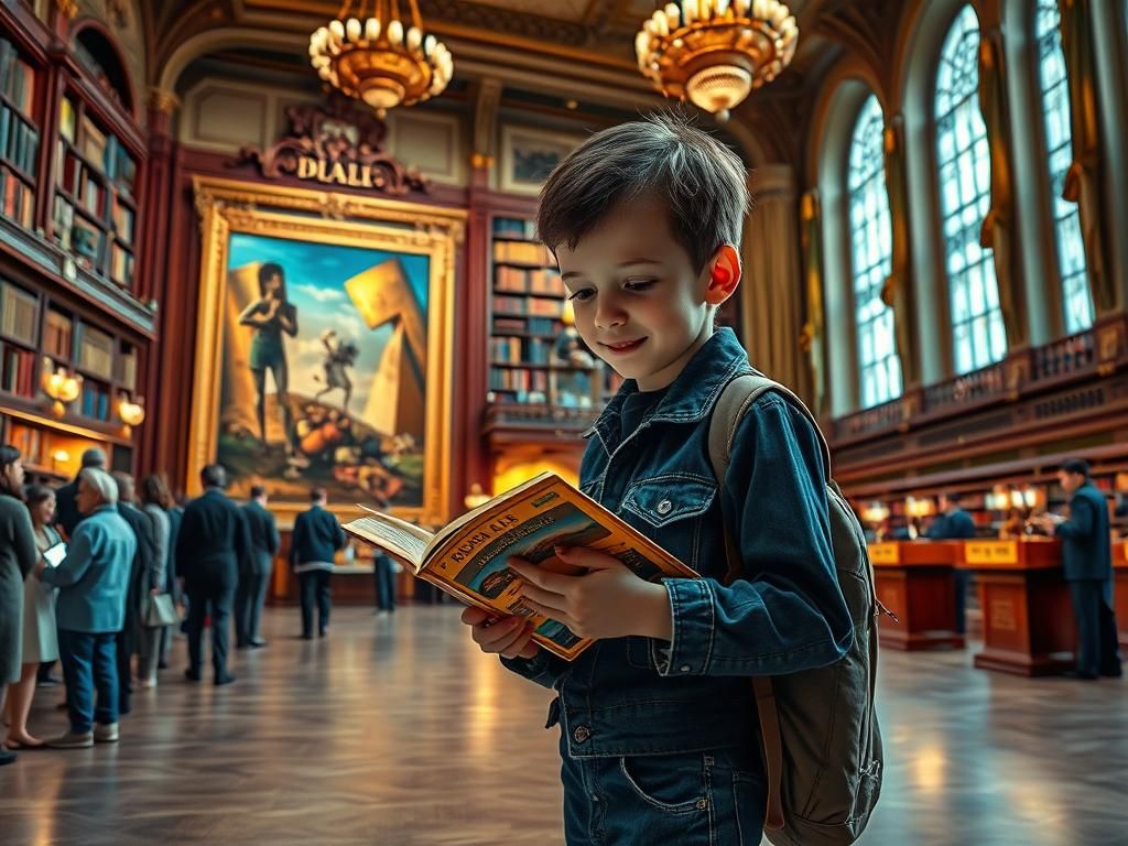 Boy in Museum or Library, Photorealistic 8k