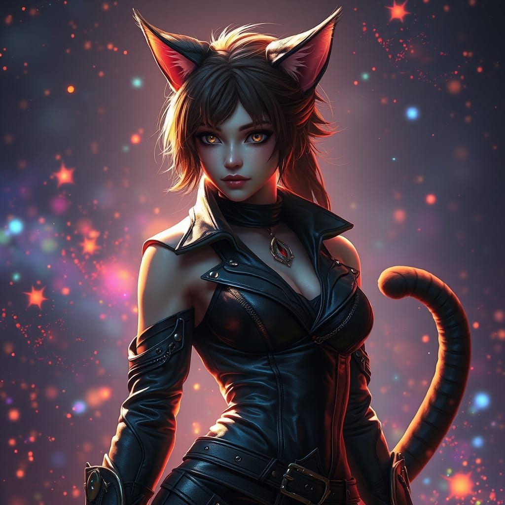 Vibrant Catgirl Assassin in a Glowing Galaxy