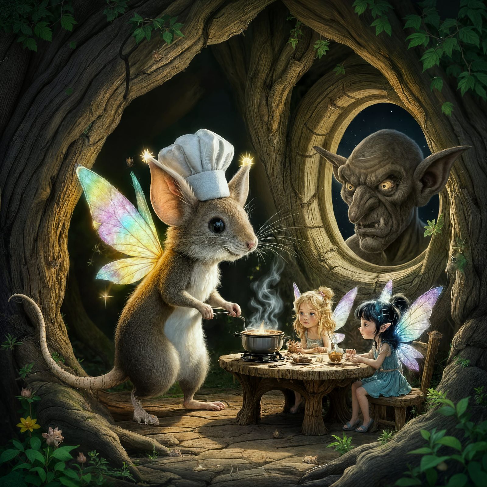 Enchanted Mouse Cooks for Fairies Inside Oak Tree Home