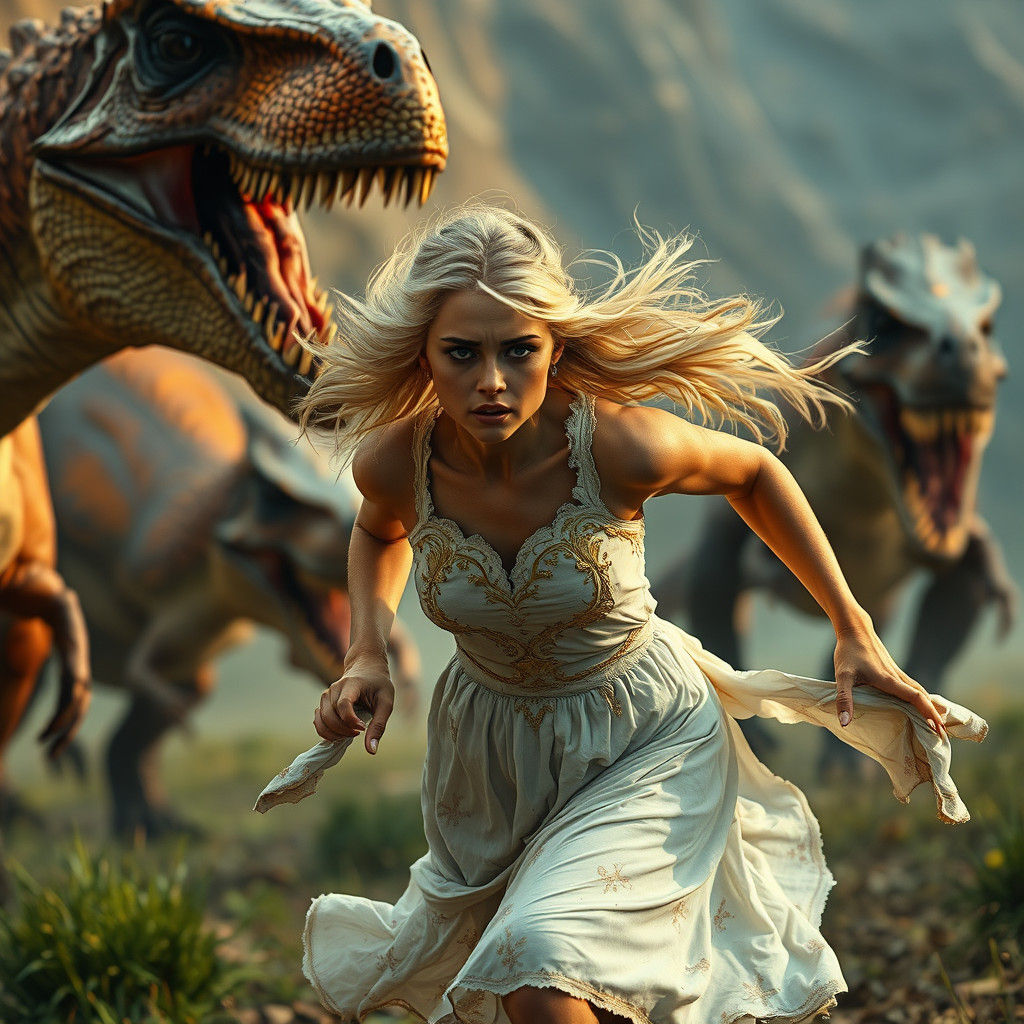 Damsel's Flight from Dinosaurs in Cinematic Concept Art