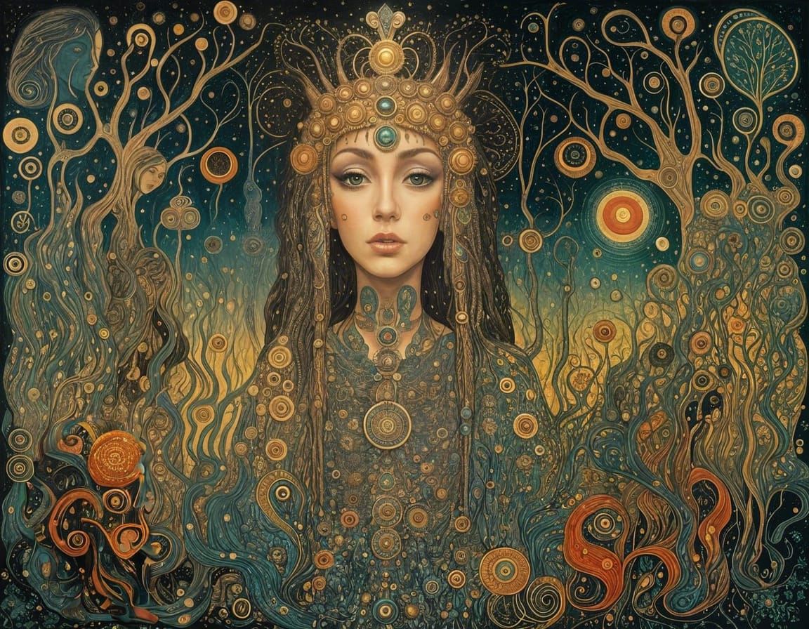 Mystical Forest Figure with Ocean Waves