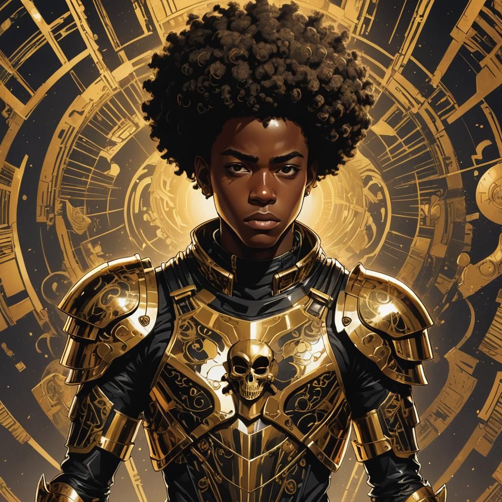 Afrofuturist Teen in Gold Skull Armor, Manga Style